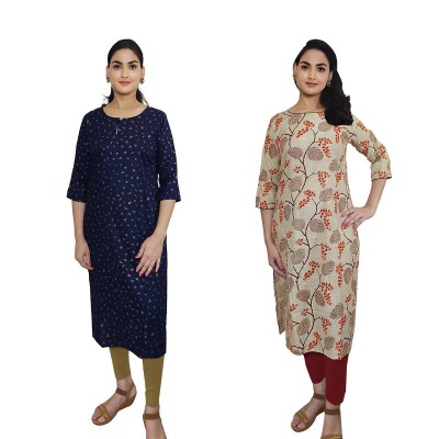 Women Printed Cotton & Rayon Straight Kurti ( Pack of 2 )