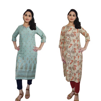 Women Printed Cotton & Rayon Straight Kurti ( Pack of 2 )