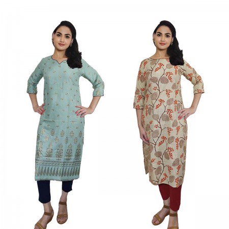 Women Printed Cotton & Rayon Straight Kurti ( Pack of 2 )