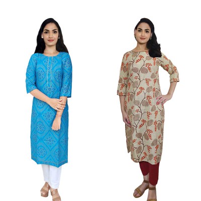 Women Printed Cotton & Rayon Straight Kurti ( Pack of 2 )