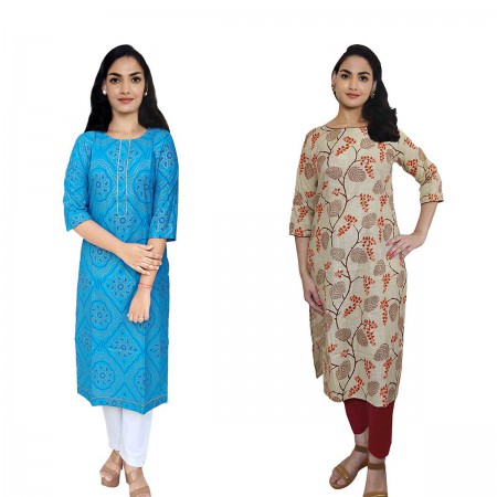 Women Printed Cotton & Rayon Straight Kurti ( Pack of 2 )