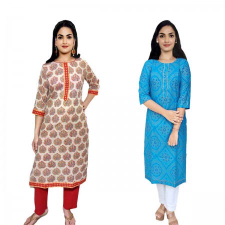 Women Printed Cotton & Rayon Straight Kurti ( Pack of 2 )