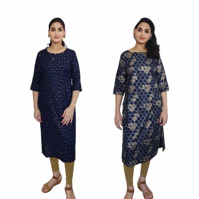 Women Printed Cotton & Rayon Straight Kurti ( Pack of 2 )