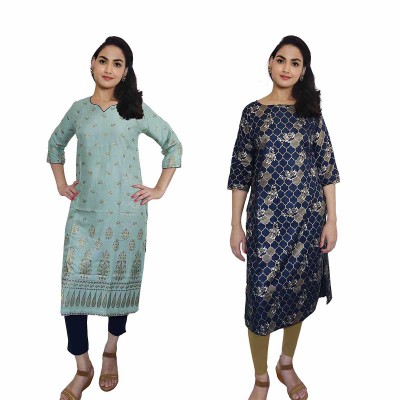 Women Printed Cotton & Rayon Straight Kurti ( Pack of 2 )