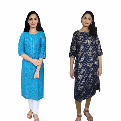 Women Printed Cotton & Rayon Straight Kurti ( Pack of 2 )