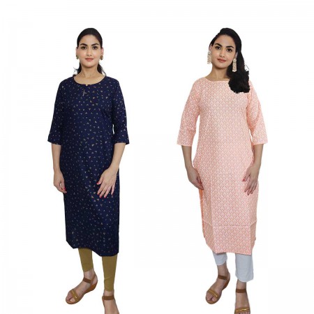 Women Printed Cotton & Rayon Straight Kurti ( Pack of 2 )