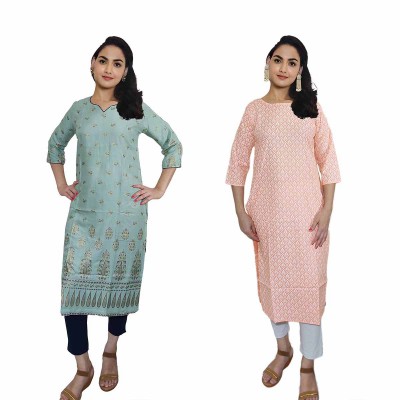 Women Printed Cotton & Rayon Straight Kurti ( Pack of 2 )