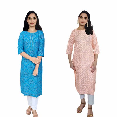 Women Printed Cotton & Rayon Straight Kurti ( Pack of 2 )