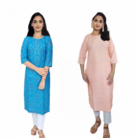 Women Printed Cotton & Rayon Straight Kurti ( Pack of 2 )