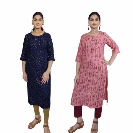 Women Printed Cotton & Rayon Straight Kurti ( Pack of 2 )