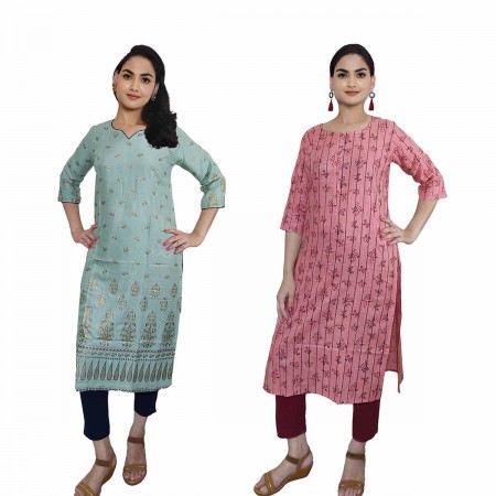 Women Printed Cotton & Rayon Straight Kurti ( Pack of 2 )