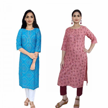 Women Printed Cotton & Rayon Straight Kurti ( Pack of 2 )