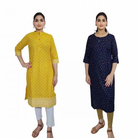 Women Printed Cotton & Rayon Straight Kurti ( Pack of 2 )