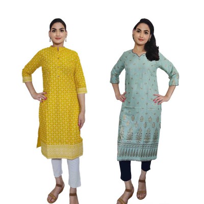 Women Printed Cotton & Rayon Straight Kurti ( Pack of 2 )