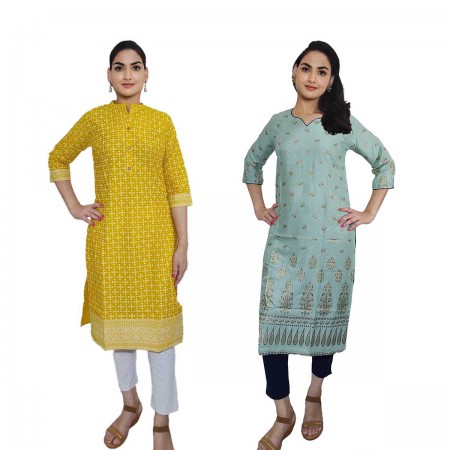 Women Printed Cotton & Rayon Straight Kurti ( Pack of 2 )