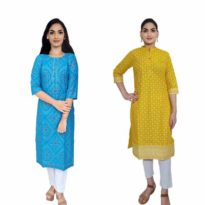 Women Printed Cotton & Rayon Straight Kurti ( Pack of 2 )