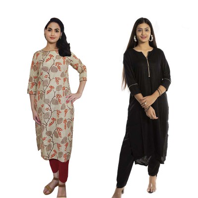 Women Printed Cotton & Solid Rayon Straight Kurti ( Pack of 2 )