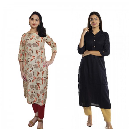 Women Printed Cotton & Solid Rayon Straight Kurti ( Pack of 2 )