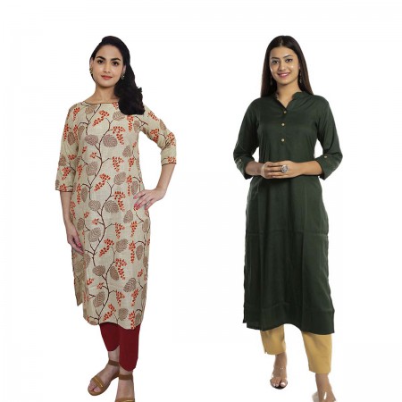 Women Printed Cotton & Solid Rayon Straight Kurti ( Pack of 2 )