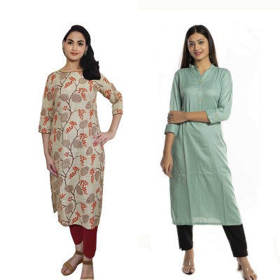 Women Printed Cotton & Solid Rayon Straight Kurti ( Pack of 2 )