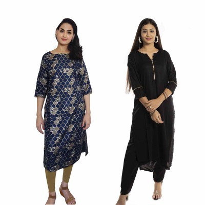Women Printed Cotton & Solid Rayon Straight Kurti ( Pack of 2 )