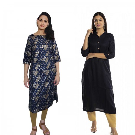 Women Printed Cotton & Solid Rayon Straight Kurti ( Pack of 2 )