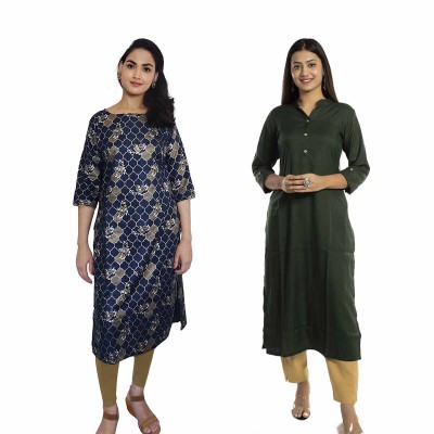 Women Printed Cotton & Solid Rayon Straight Kurti ( Pack of 2 )