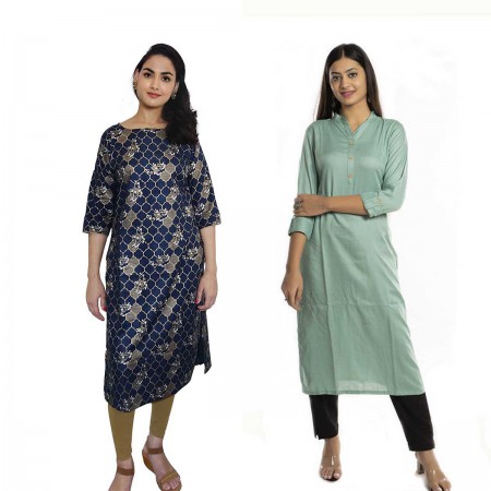 Women Printed Cotton & Solid Rayon Straight Kurti ( Pack of 2 )