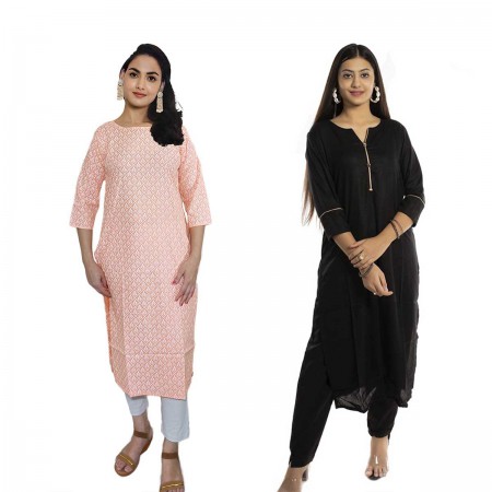 Women Printed Cotton & Solid Rayon Straight Kurti ( Pack of 2 )