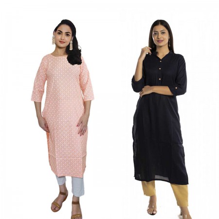 Women Printed Cotton & Solid Rayon Straight Kurti ( Pack of 2 )