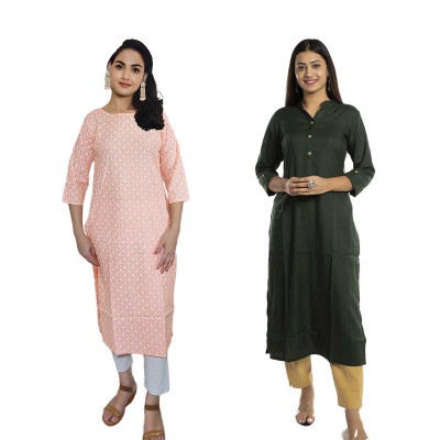 Women Printed Cotton & Solid Rayon Straight Kurti ( Pack of 2 )