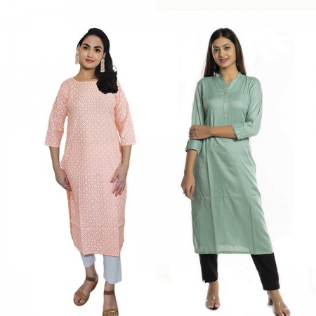 Women Printed Cotton & Solid Rayon Straight Kurti ( Pack of 2 )