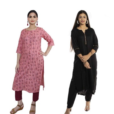 Women Printed Cotton & Solid Rayon Straight Kurti ( Pack of 2 )