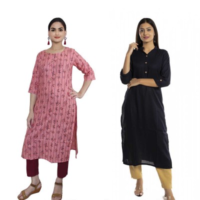 Women Printed Cotton & Solid Rayon Straight Kurti ( Pack of 2 )