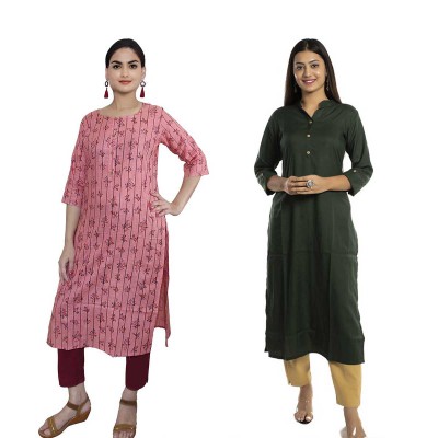 Women Printed Cotton & Solid Rayon Straight Kurti ( Pack of 2 )