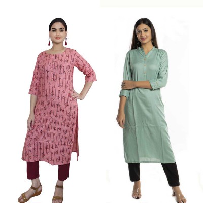 Women Printed Cotton & Solid Rayon Straight Kurti ( Pack of 2 )