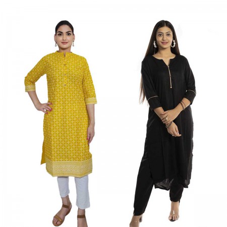 Women Printed Cotton & Solid Rayon Straight Kurti ( Pack of 2 )