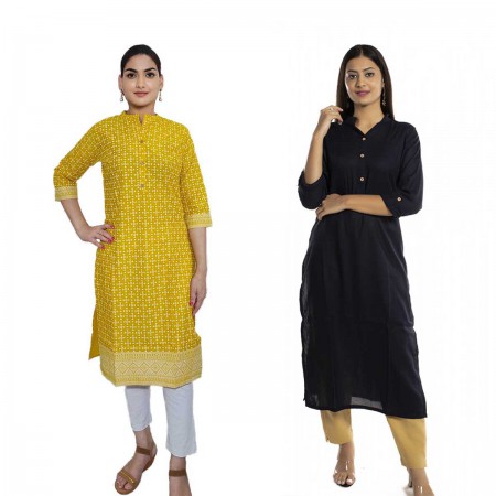 Women Printed Cotton & Solid Rayon Straight Kurti ( Pack of 2 )