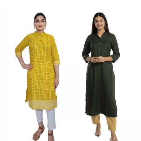 Women Printed Cotton & Solid Rayon Straight Kurti ( Pack of 2 )