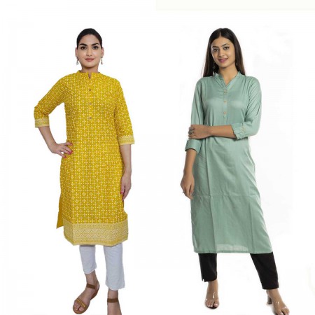 Women Printed Cotton & Solid Rayon Straight Kurti ( Pack of 2 )