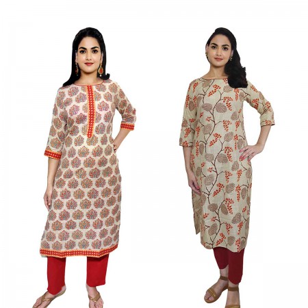 Women Printed Cotton Straight Kurti ( Pack of 2 )