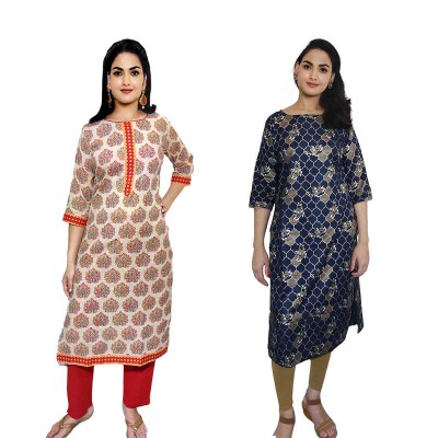 Women Printed Cotton Straight Kurti ( Pack of 2 )