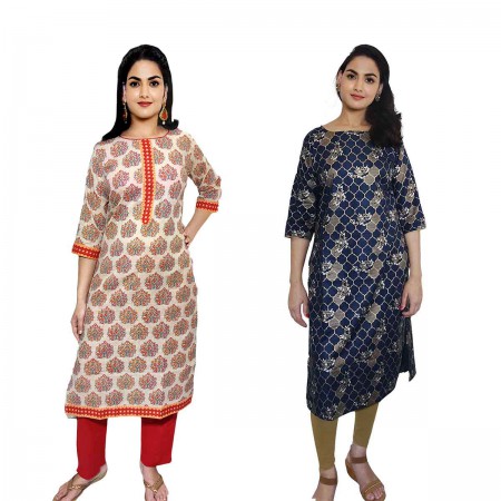 Women Printed Cotton Straight Kurti ( Pack of 2 )