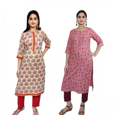 Women Printed Cotton Straight Kurti ( Pack of 2 )