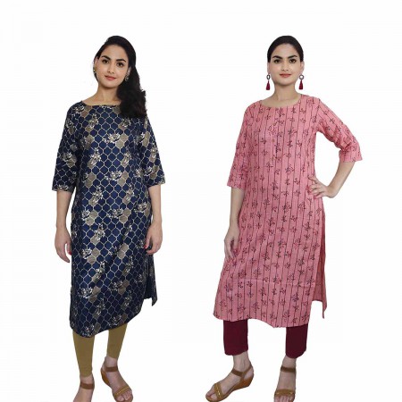 Women Printed Cotton Straight Kurti ( Pack of 2 )