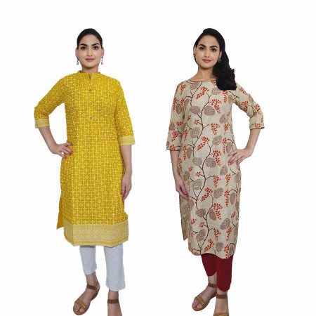 Women Printed Cotton Straight Kurti ( Pack of 2 )