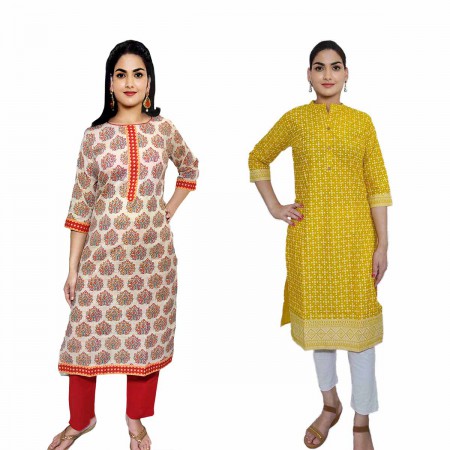 Women Printed Cotton Straight Kurti ( Pack of 2 )