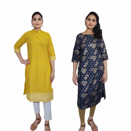 Women Printed Cotton Straight Kurti ( Pack of 2 )