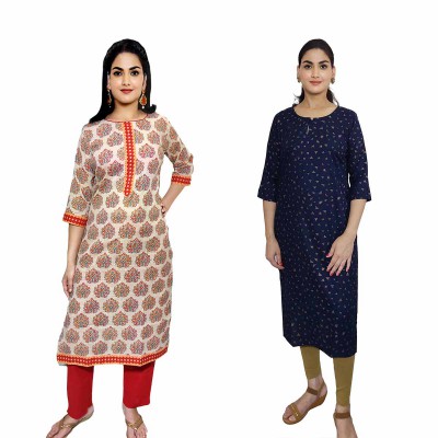 Women Printed Rayon & Cotton Straight Kurti ( Pack of 2 )