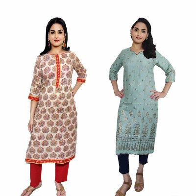 Women Printed Rayon & Cotton Straight Kurti ( Pack of 2 )